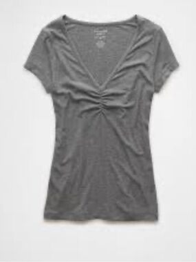 American Eagle Outfitters Soft & Sexy Cinch Front V-Neck T-Shirt Gray Size Med